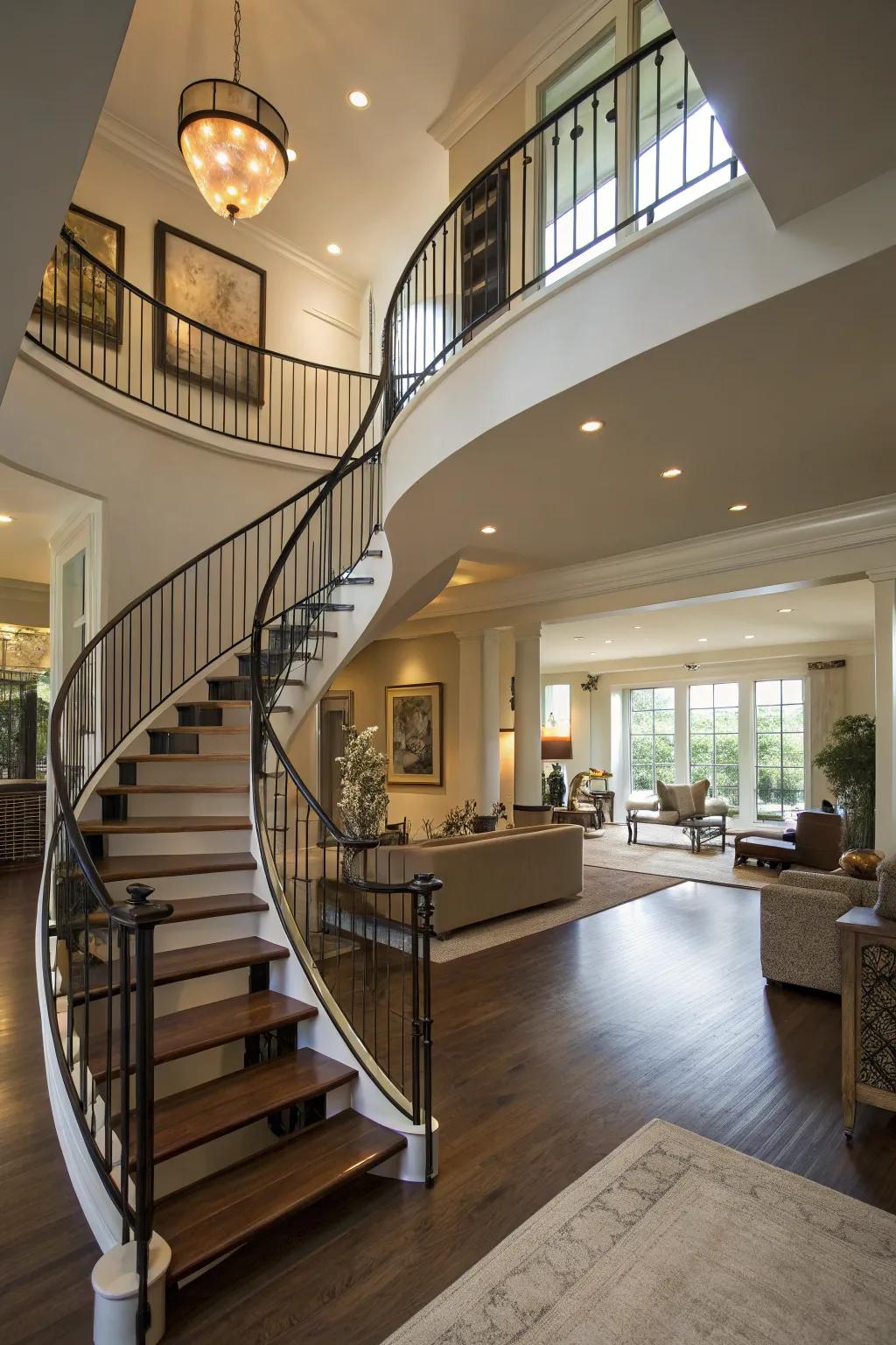 Spiral staircases are both stylish and space-efficient.