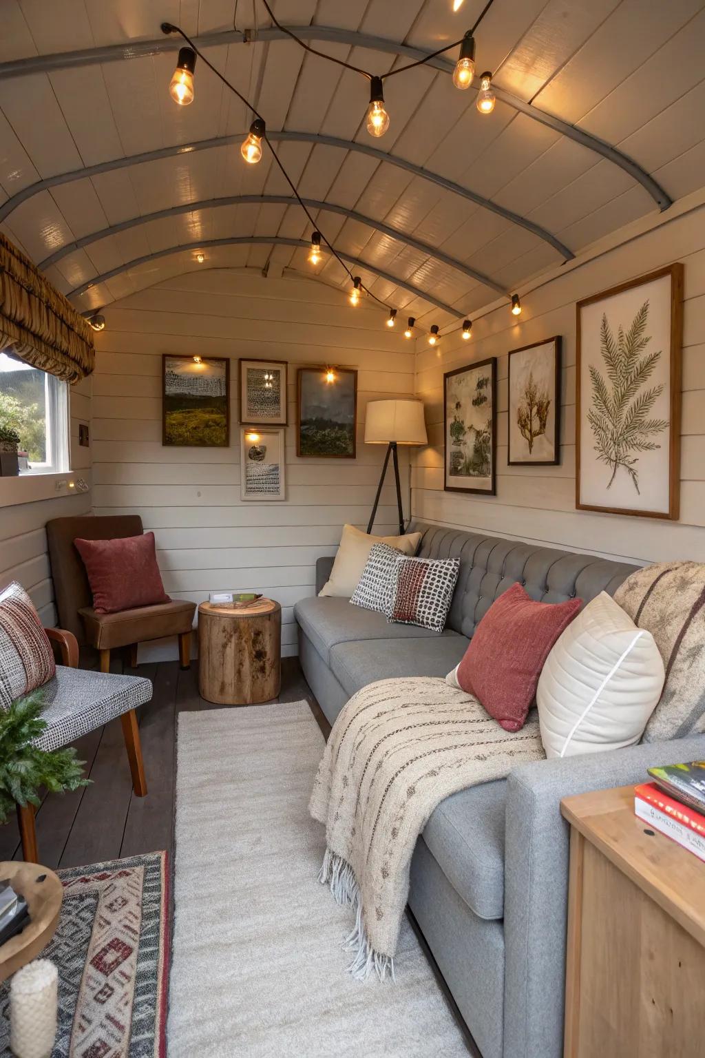 Create a cozy and inviting atmosphere in your shed office with plush seating and warm textiles.