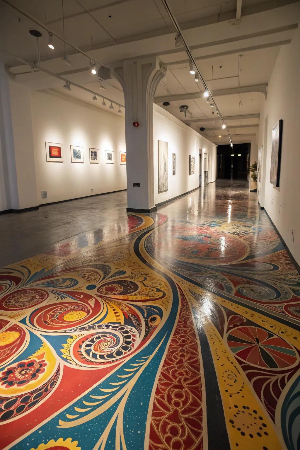 A modern art gallery featuring an abstract art epoxy floor.