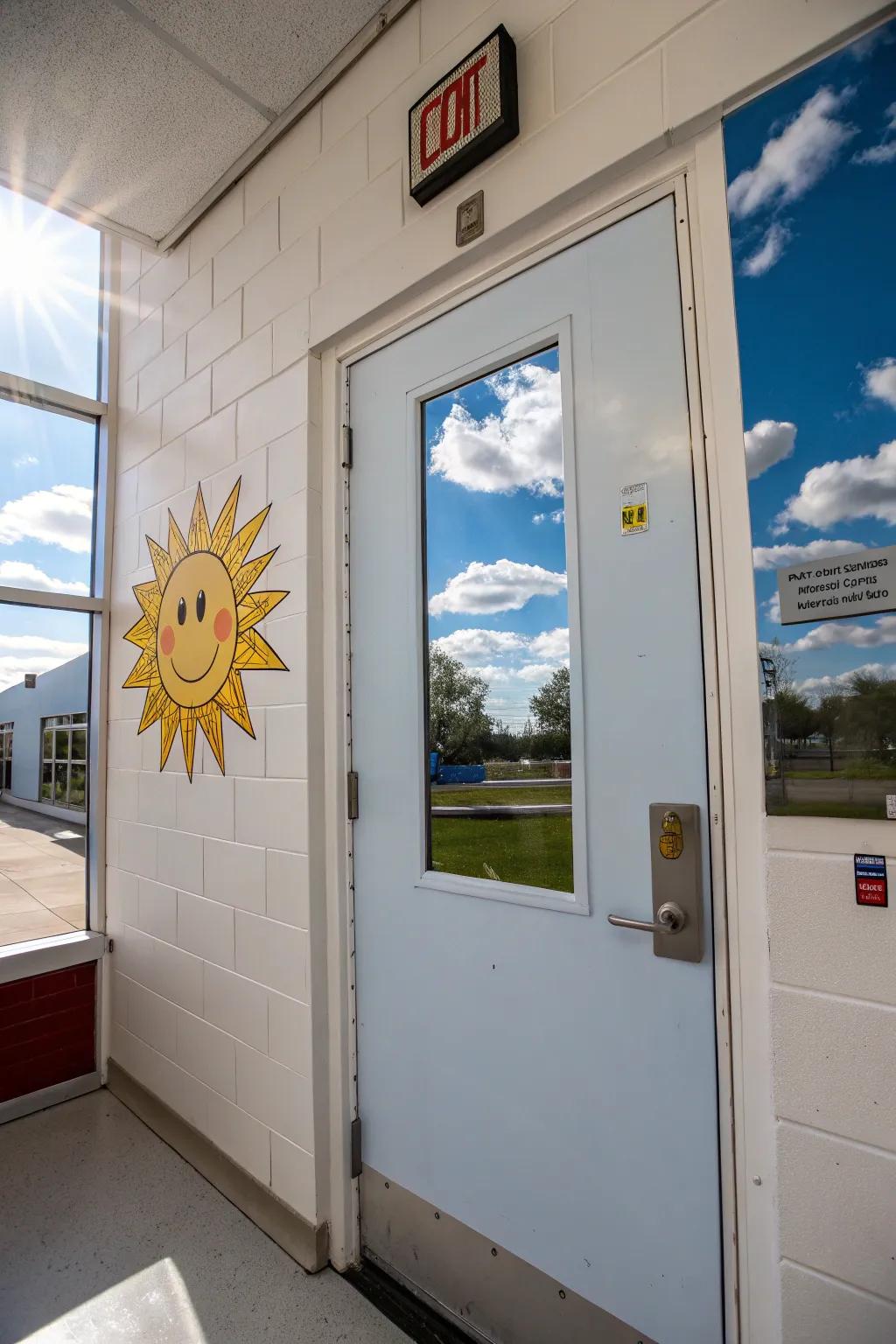 A bright sky scene elevates the farm theme on the classroom door.