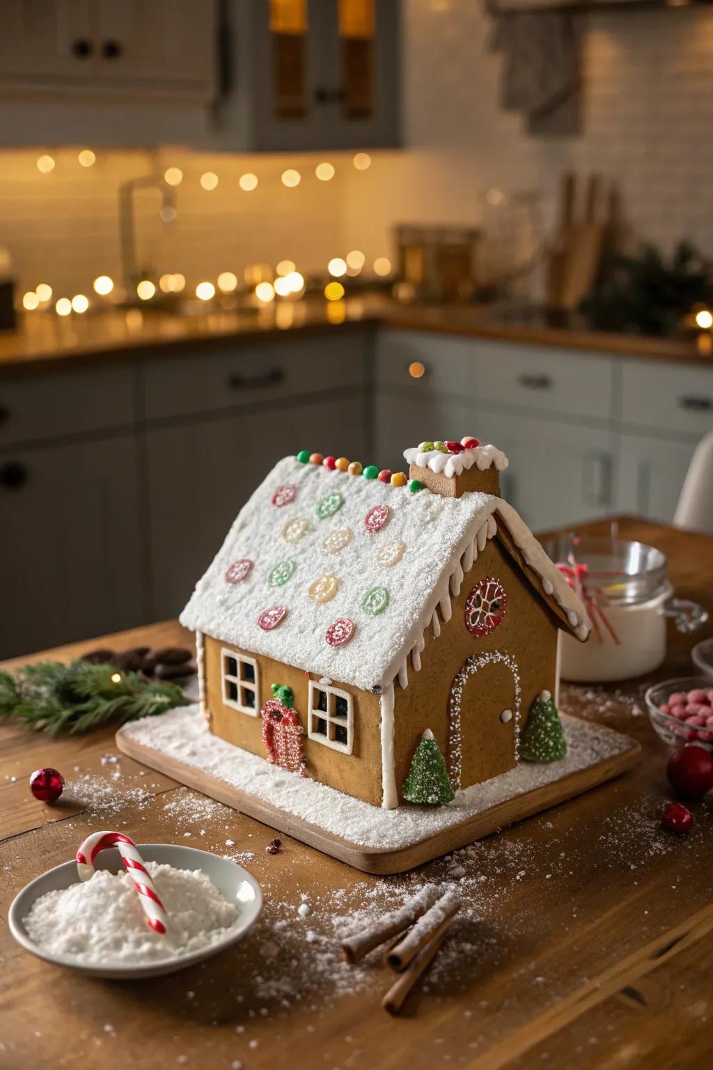 A classic gingerbread house dusted with powdered sugar, evoking a snowy winter wonderland.