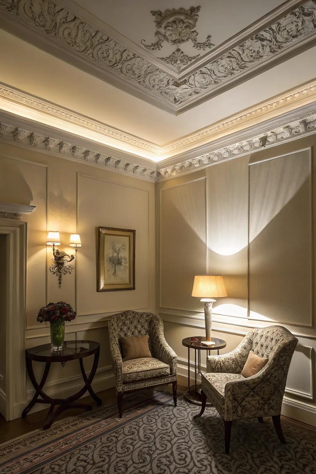 A shadow effect with crown molding adds subtle sophistication.