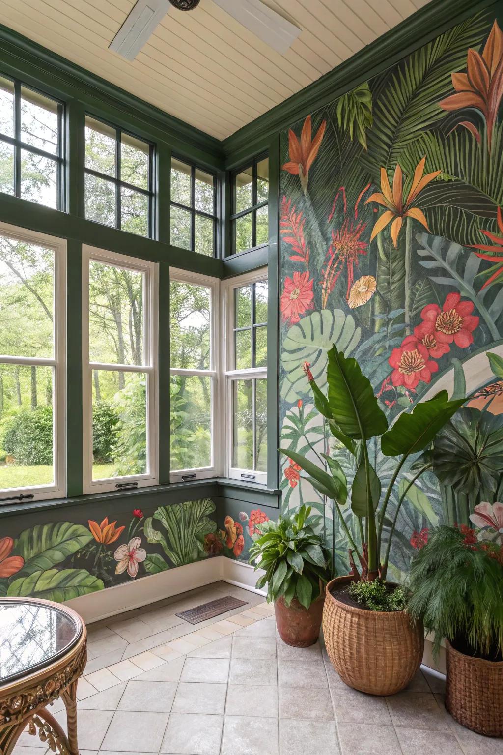 Escape to a tropical paradise with a vibrant floral mural.