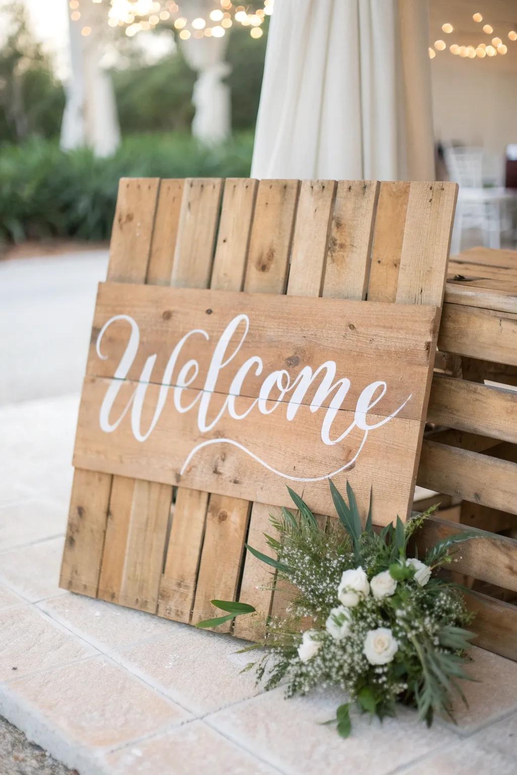 Add a touch of rustic elegance to your wedding with handcrafted wooden pallet signs.