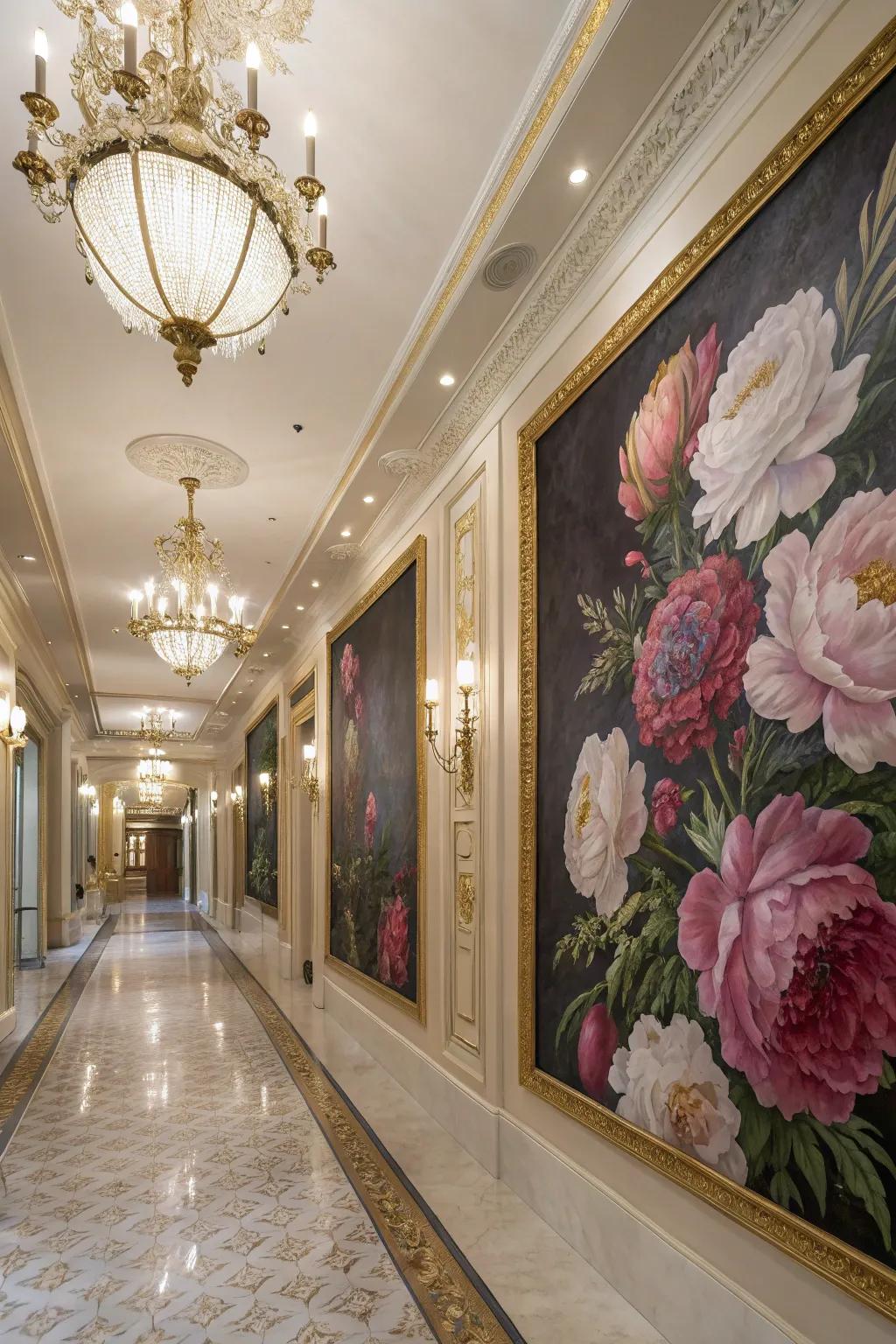 A baroque peony mural creates a dramatic and regal atmosphere.