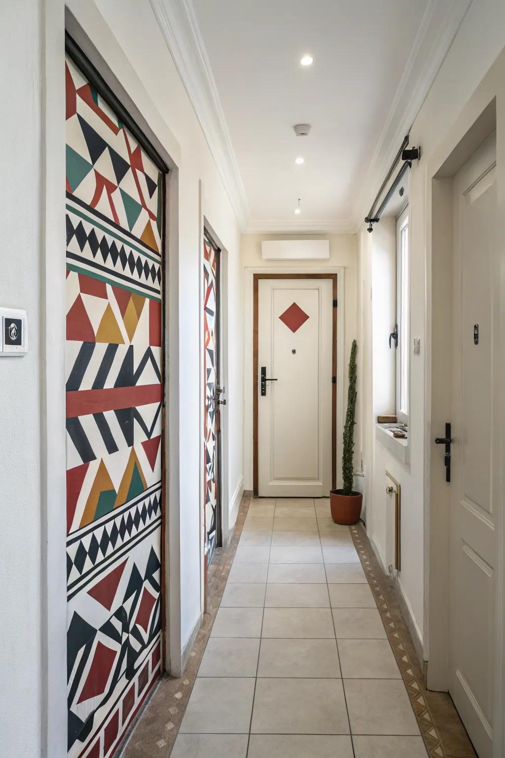 Geometric patterns on doors add modern flair to your hallway.