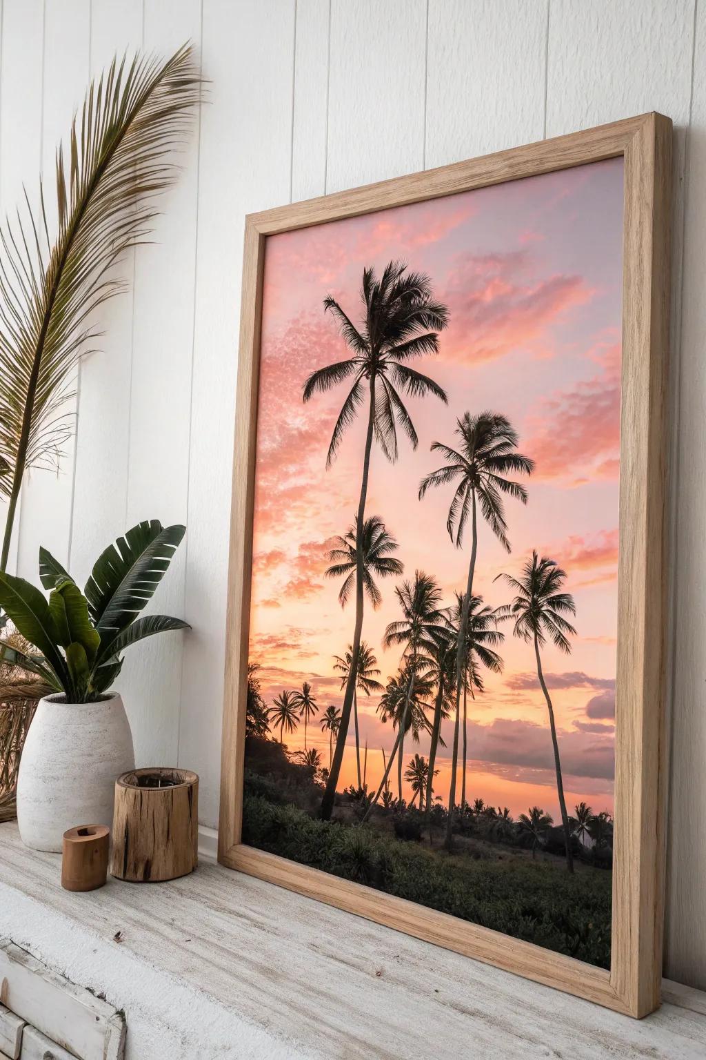 Transform your space into a serene escape with this minimalist tropical sunrise painting.
