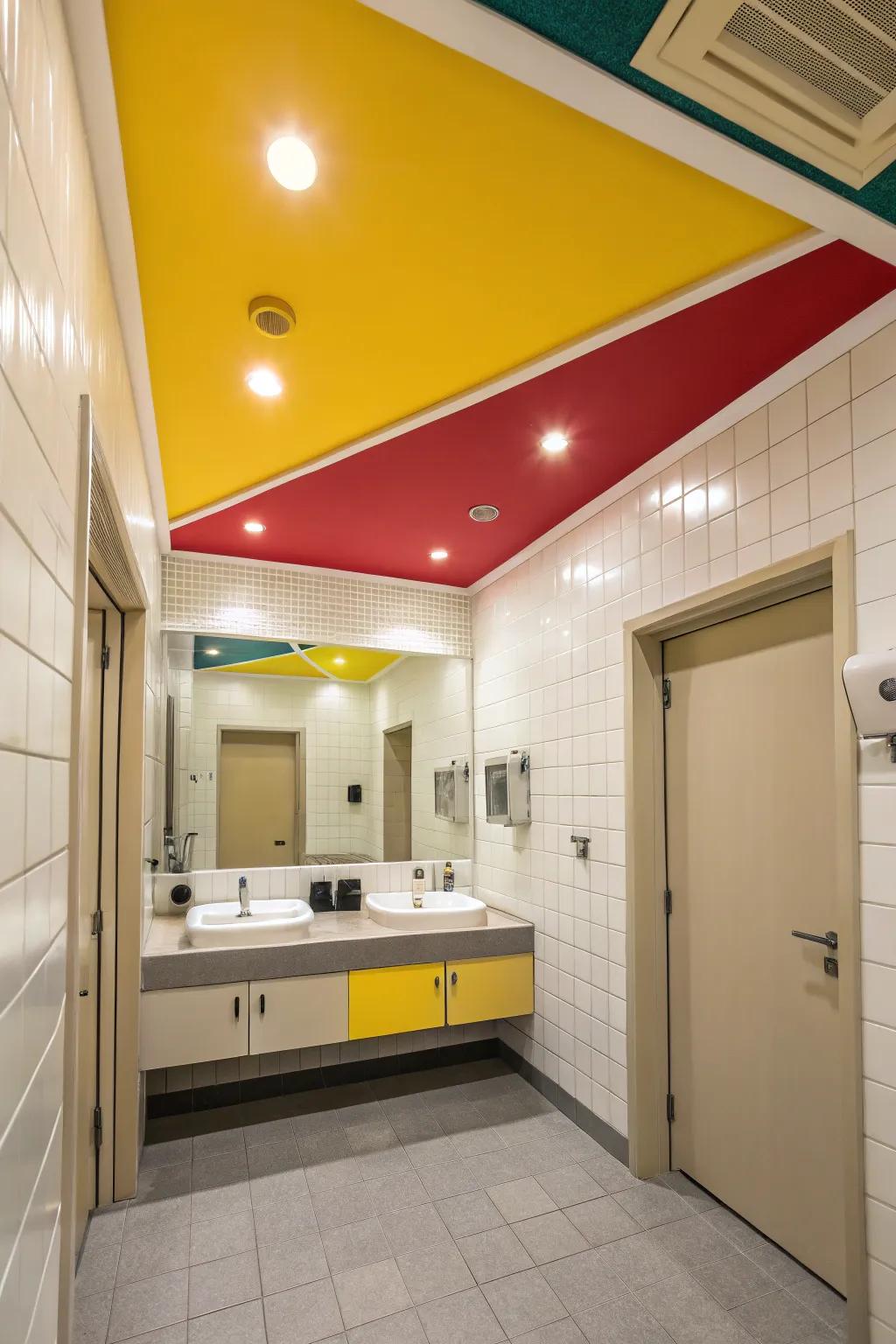 A bright ceiling adds a unique and playful element to the bathroom.