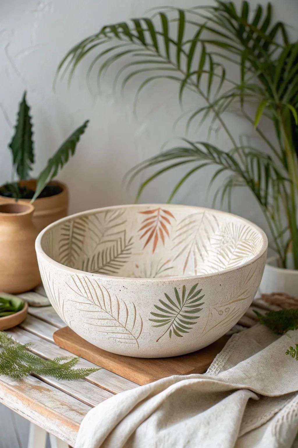 Embrace tropical elegance with this beautifully crafted clay bowl, perfect for adding warmth and exotic charm to your home.