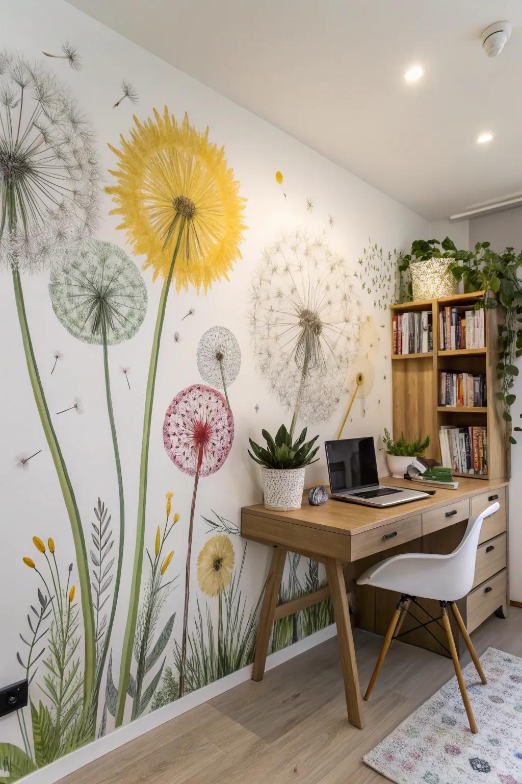 Inspire creativity with a whimsical dandelion mural.