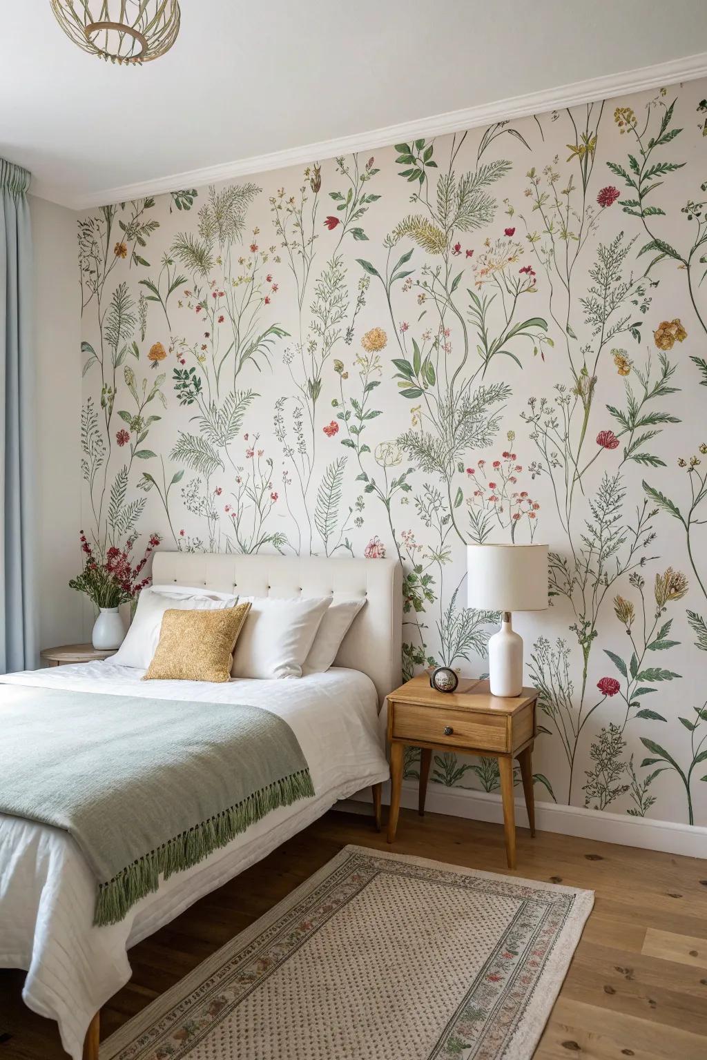 Bedroom with nature-inspired floral wallpaper and minimalist decor.