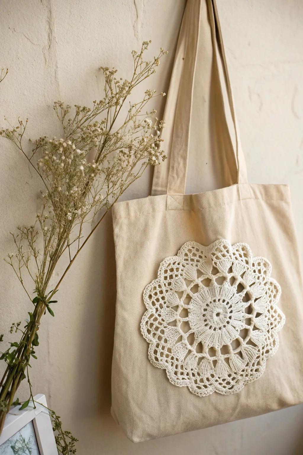 Elevate your tote with a touch of elegance. Discover the charm of doily-adorned accessories.