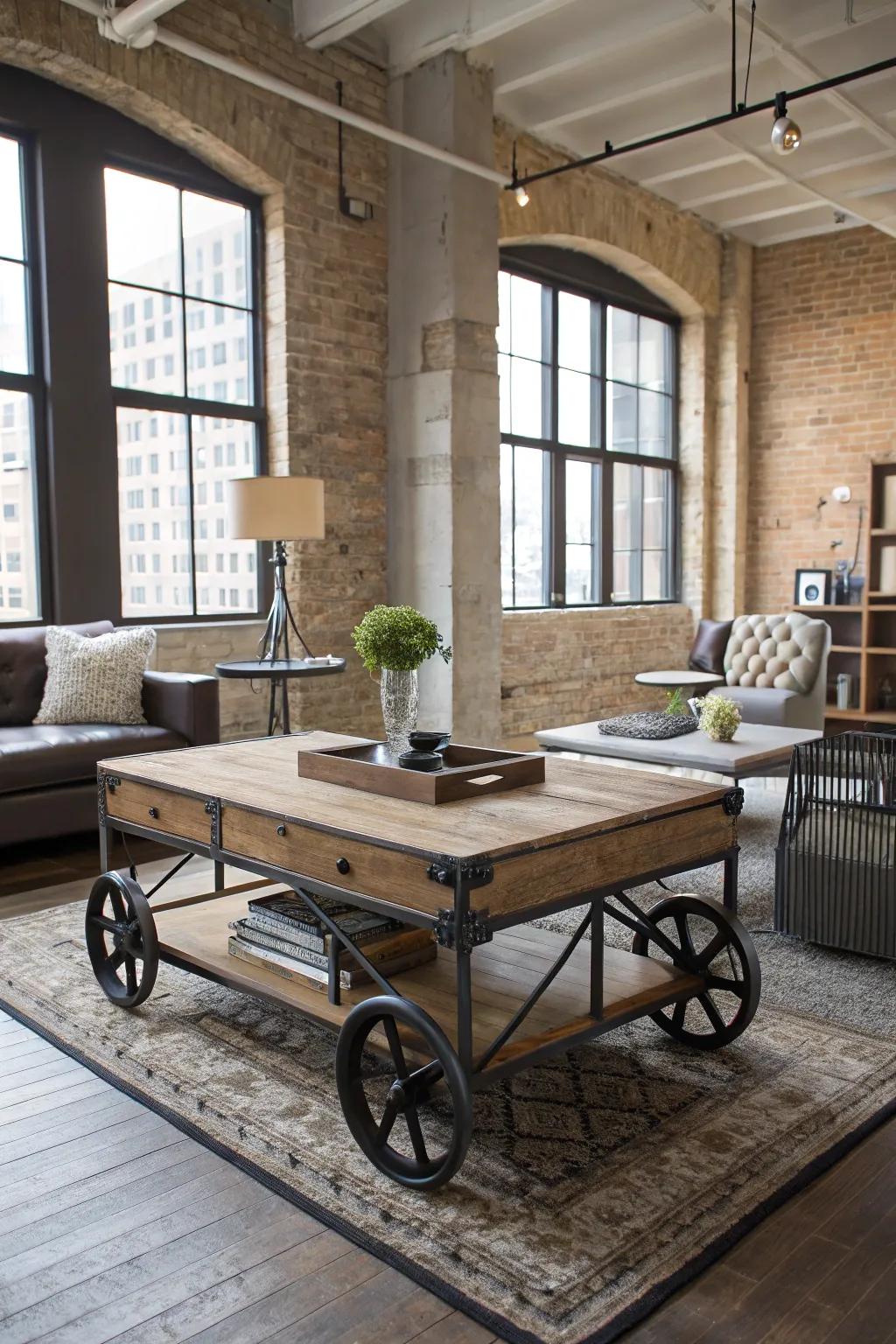 An industrial work cart adds mobility and rustic charm to the room.