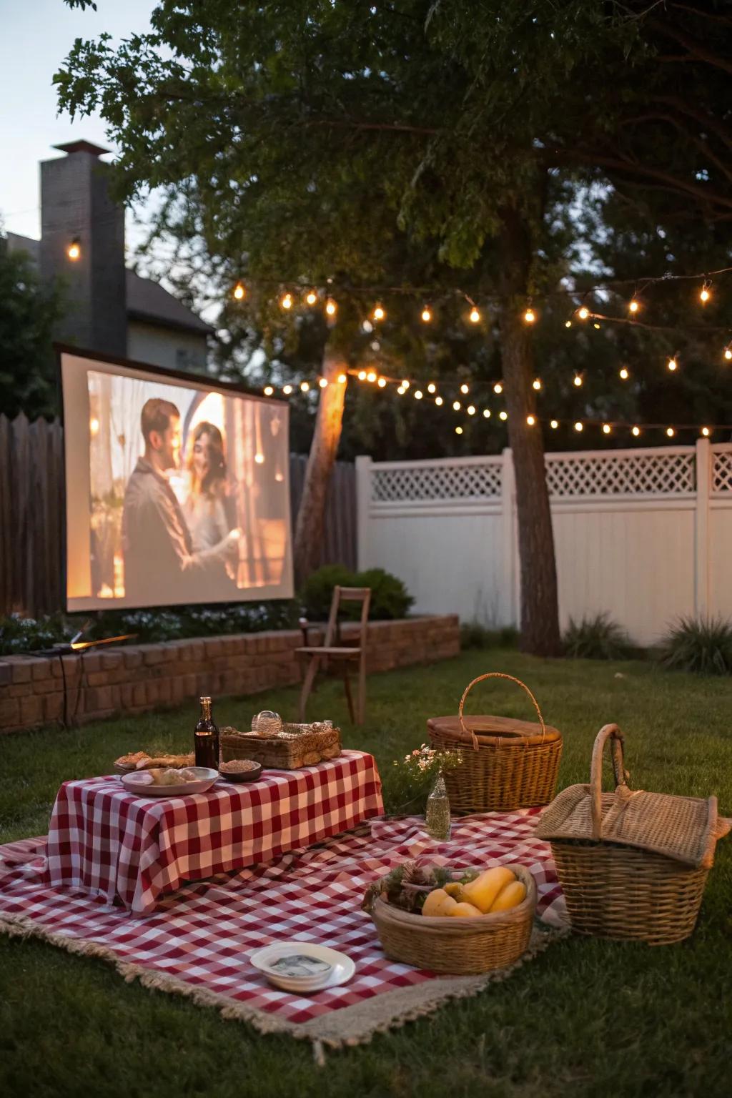A cozy backyard movie night picnic.