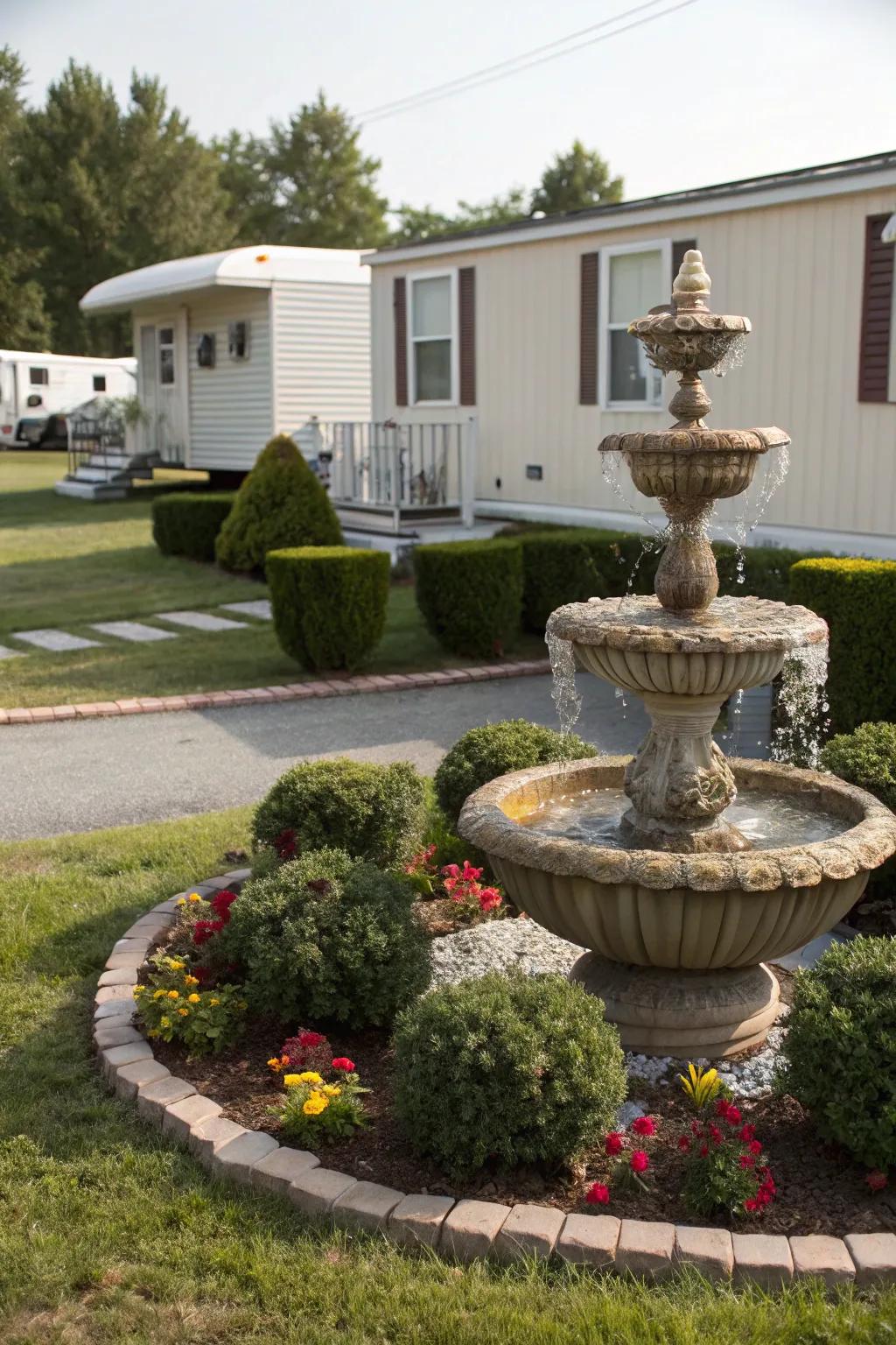 Decorative elements like fountains can be the centerpiece of your mobile home yard.