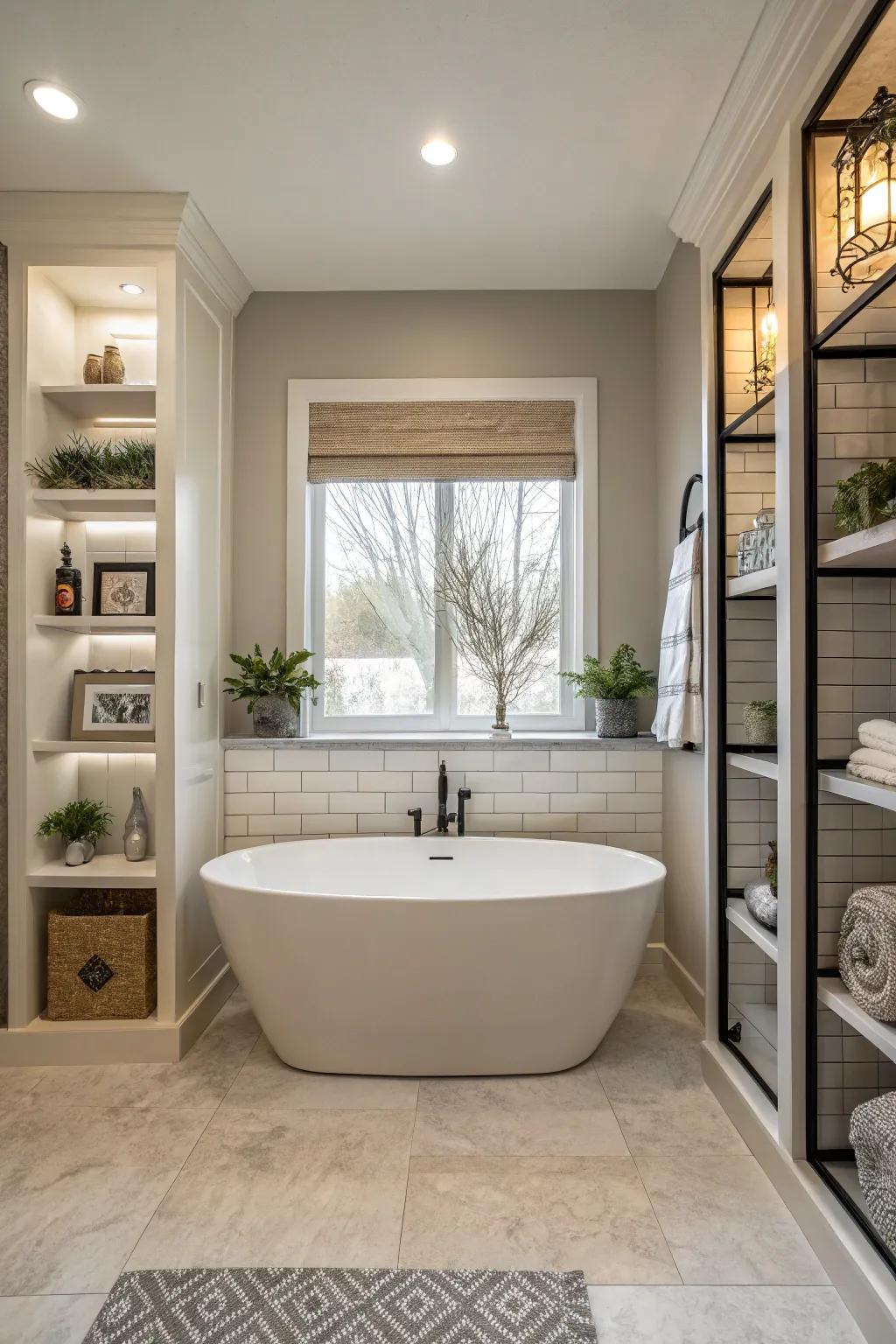 Built-in shelves offer elegance and ample storage space.