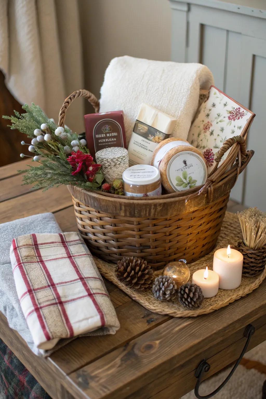 A curated gift basket with cozy essentials for a new home.