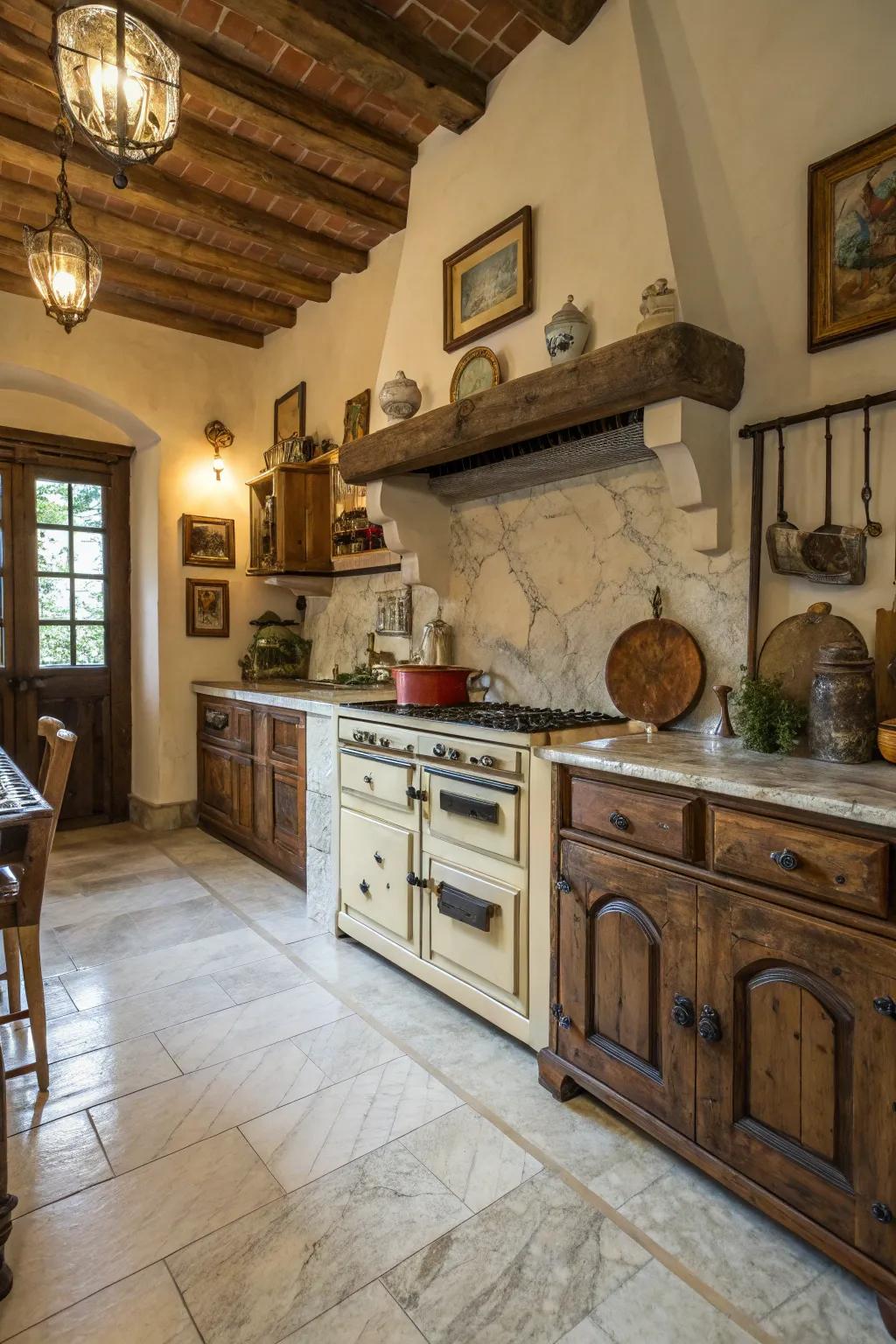 A rustic kitchen with honed marble floors that exude warmth and character.