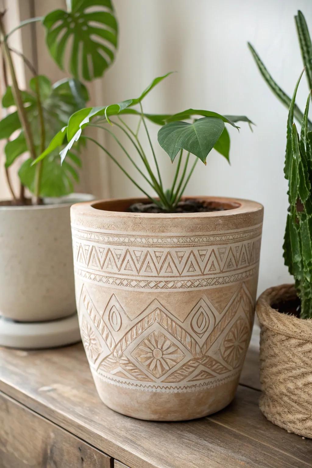 Embrace the art of simplicity with a textured clay planter, where every groove tells a story of craftsmanship.