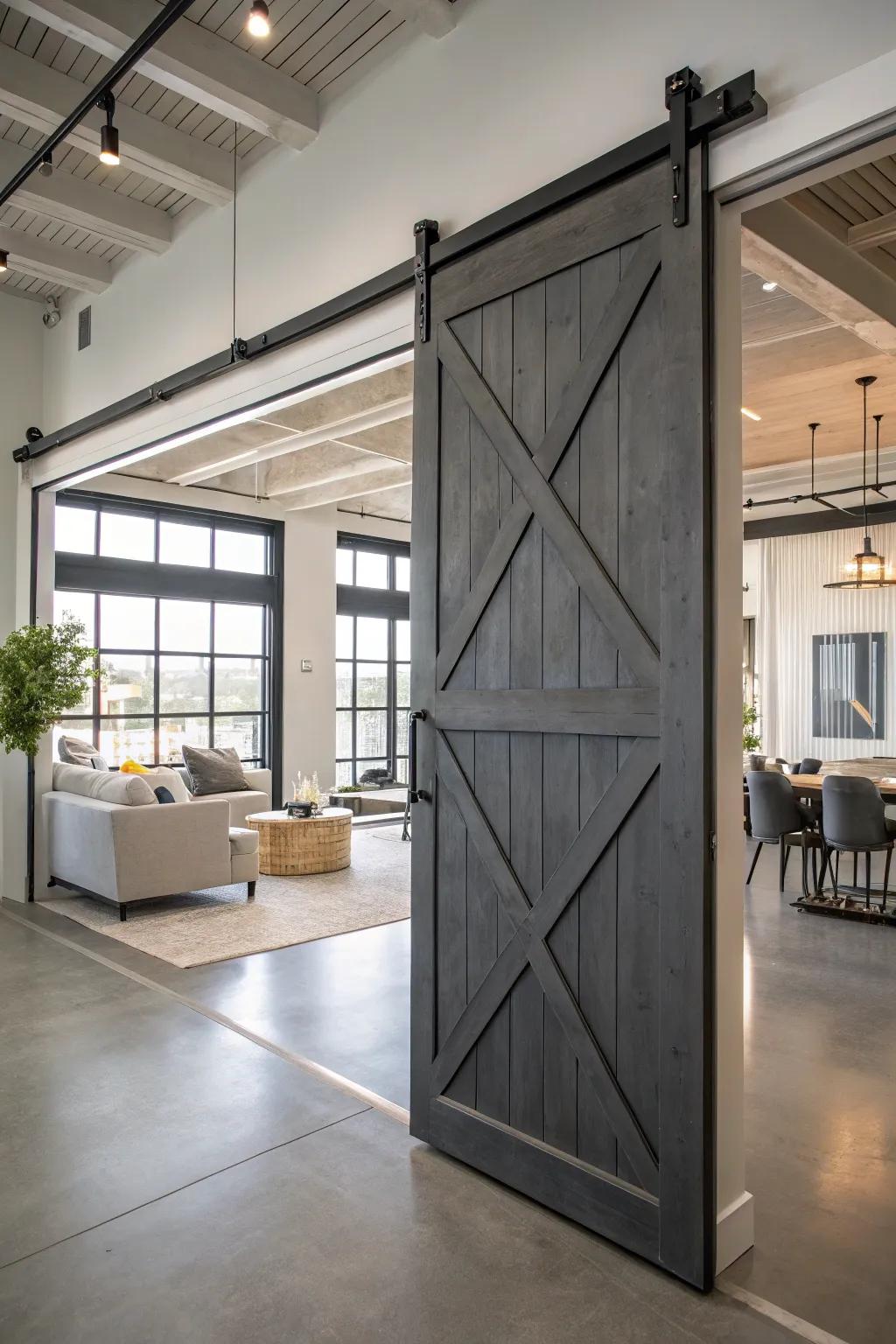 Charcoal gray barn doors offer modern sophistication.