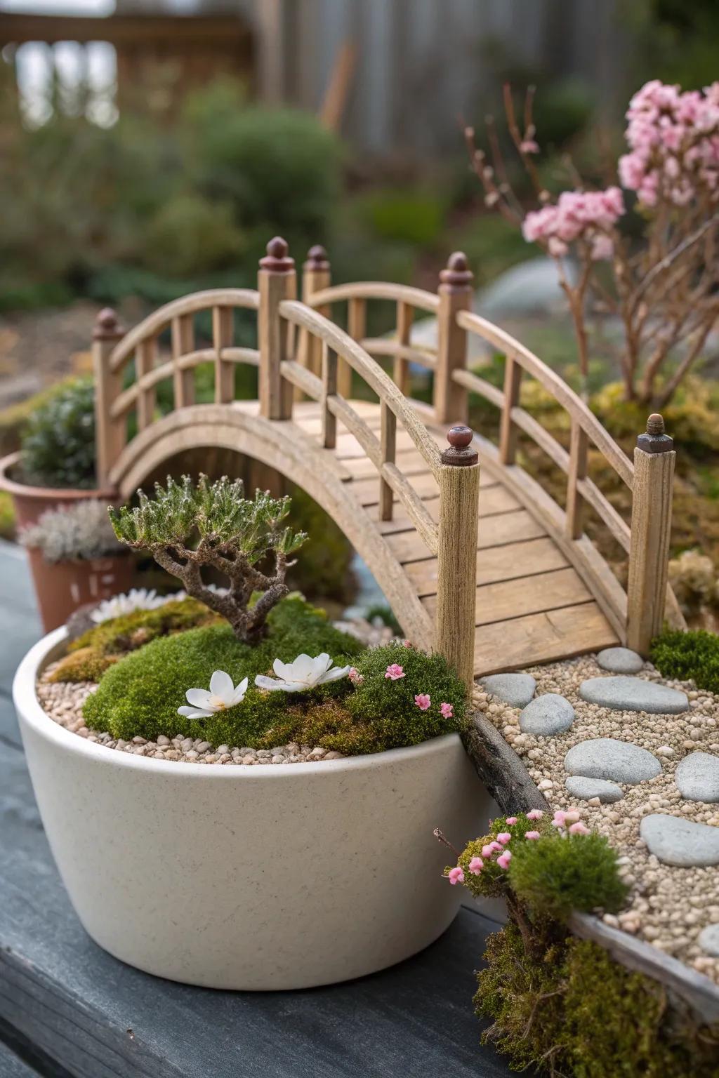 Cross into a world of whimsy with this charming miniature bridge in your fairy garden pot.