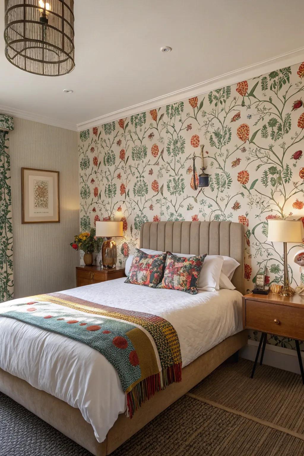 Guest room with eclectic wallpaper and cozy bedding.