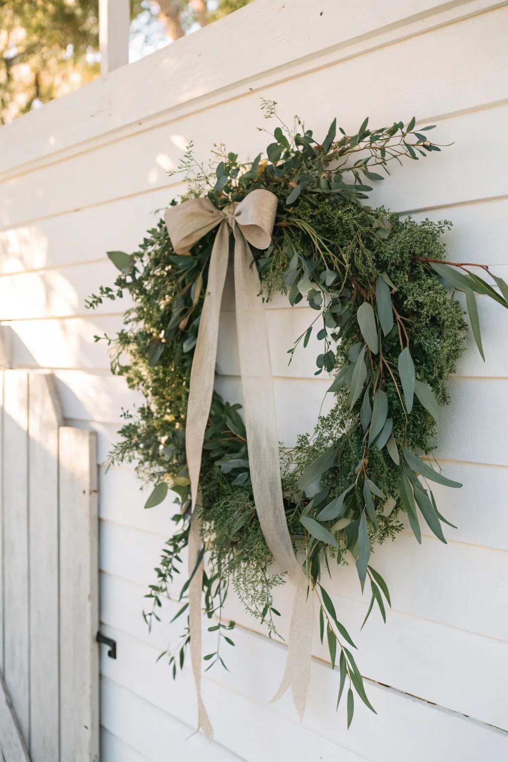 Embrace simplicity and natural elegance with this stunning eucalyptus and ribbon wreath.