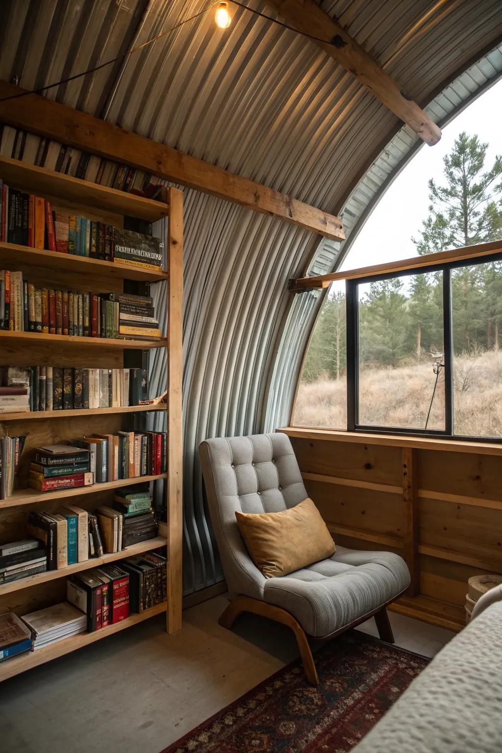 A loft within a Quonset hut, designed as a serene reading space.