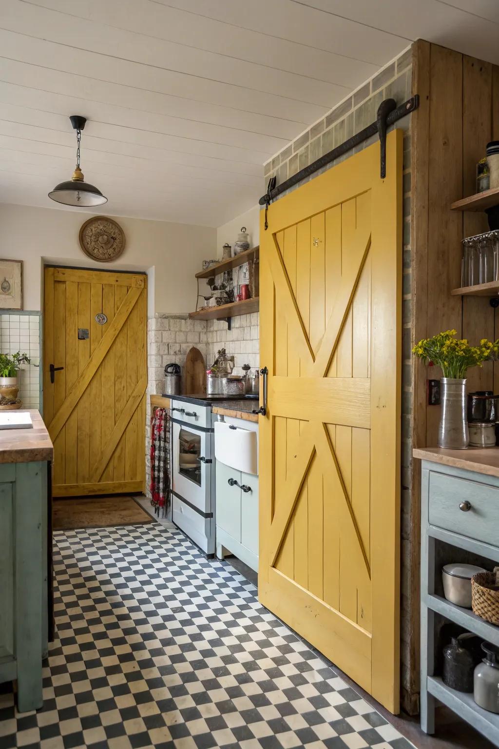 Mustard barn doors bring retro charm and warmth.