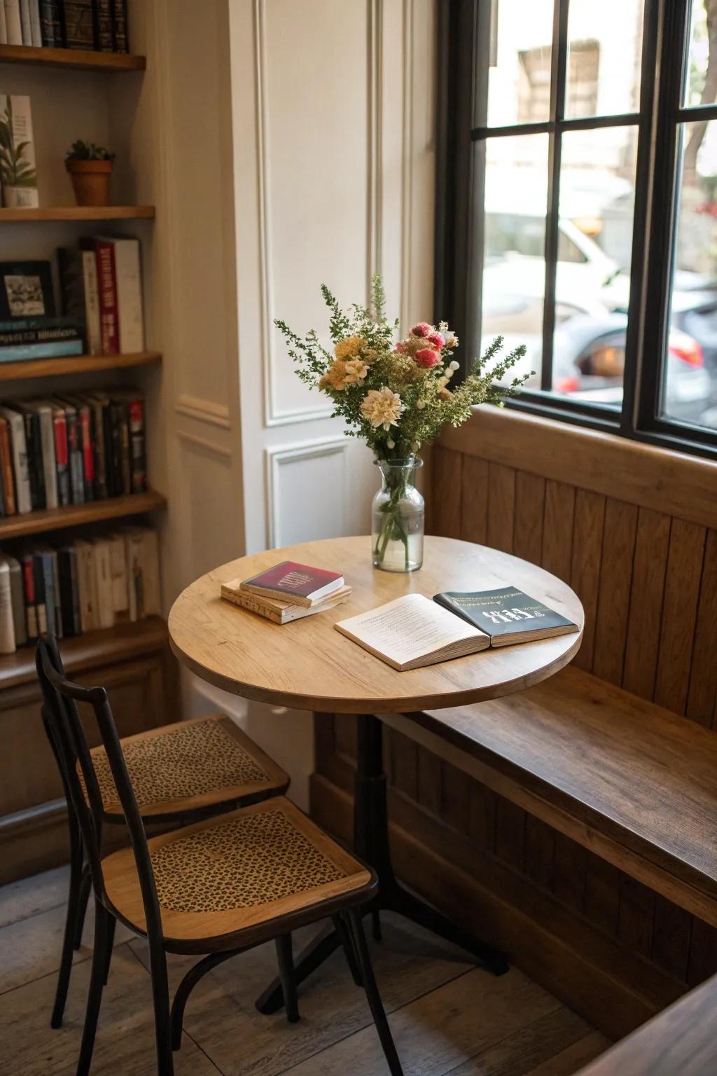 Compact furniture ensures a small nook remains functional and uncluttered.