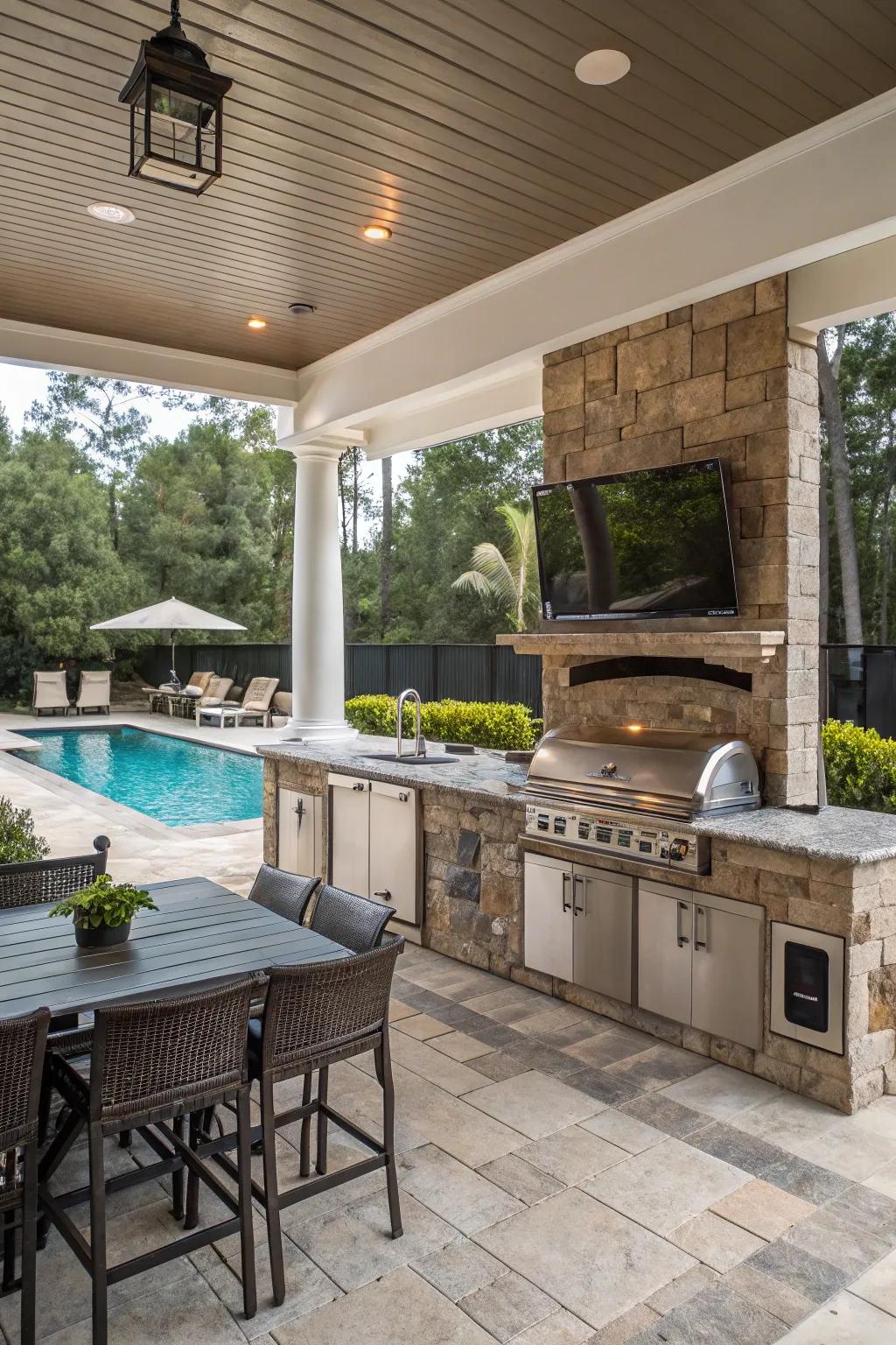 An entertainment-friendly outdoor kitchen with modern audio-visual features.
