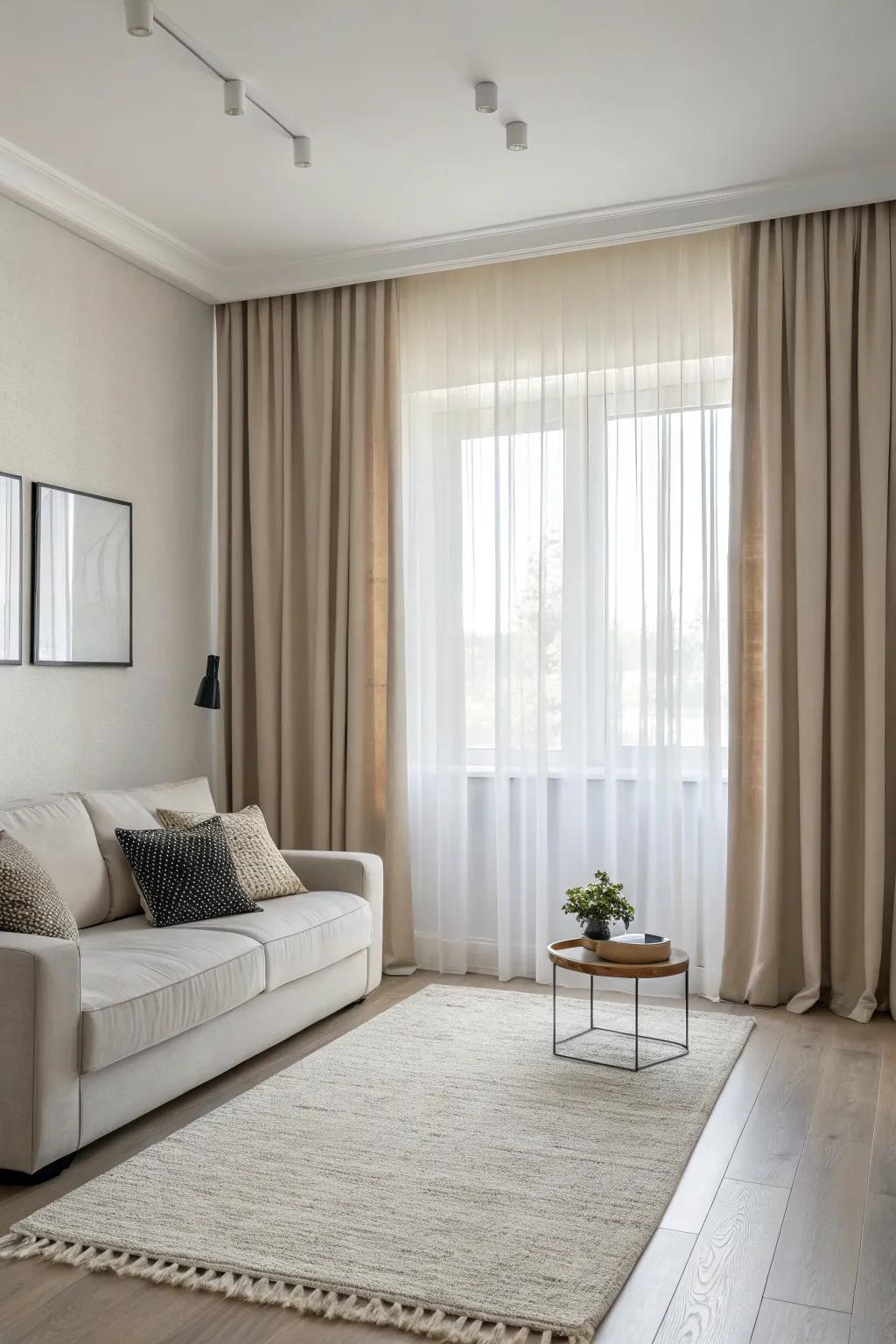 Neutral single-panel curtains for a minimalist and serene space.