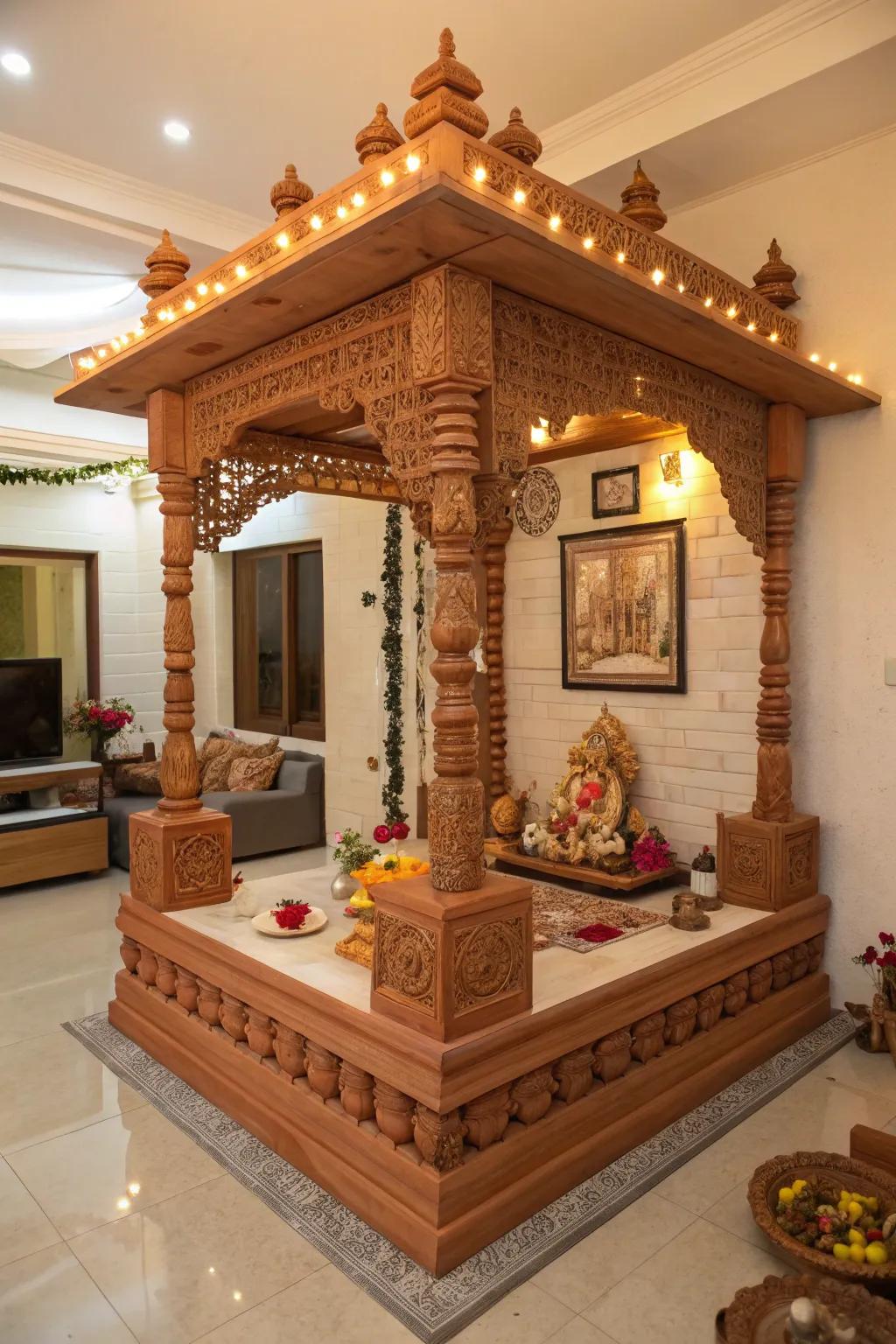 Eco-friendly clay and wooden decorations create a charming Ganpati mandap.