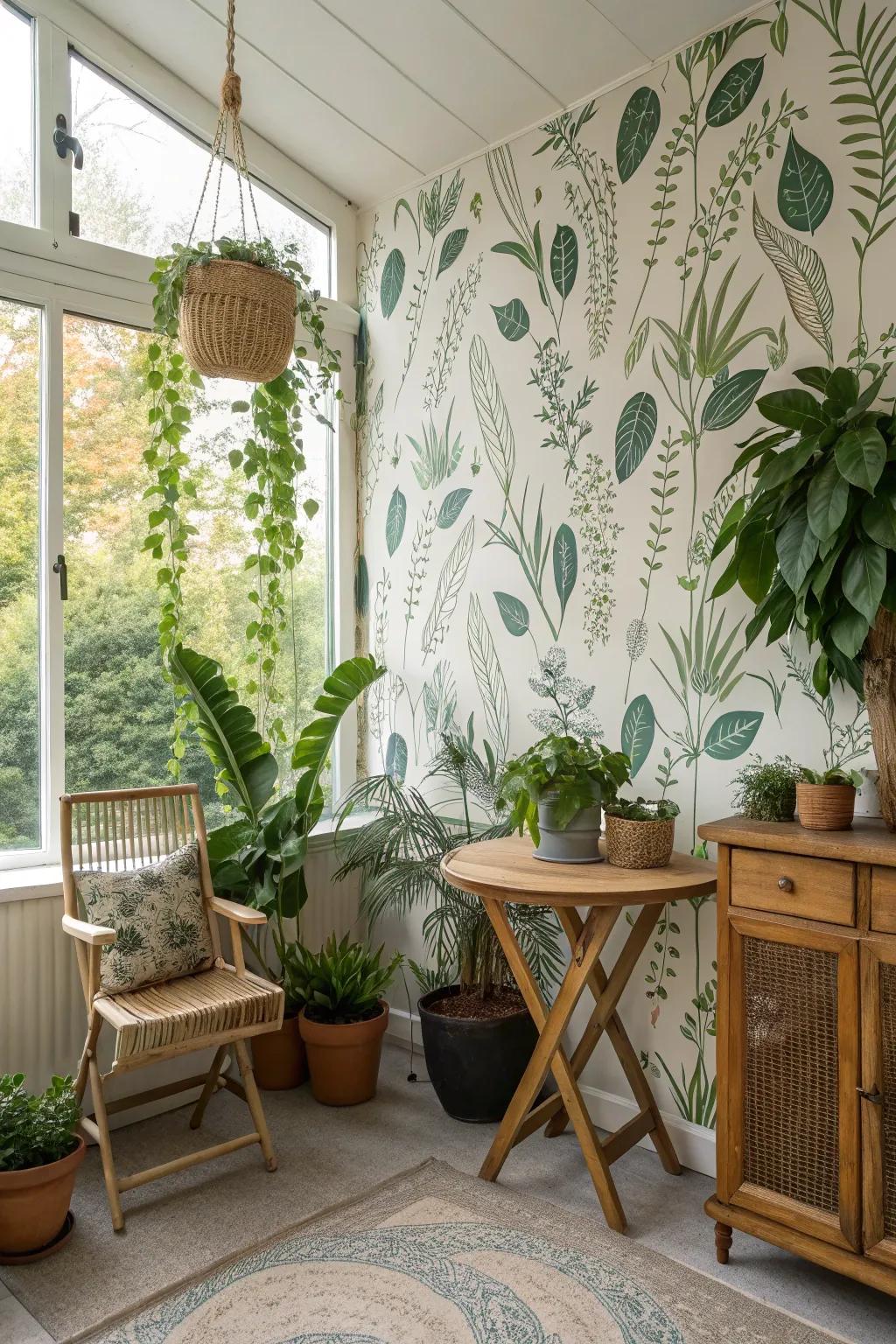 Indoor oasis with outdoor-inspired wallpaper and natural decor.