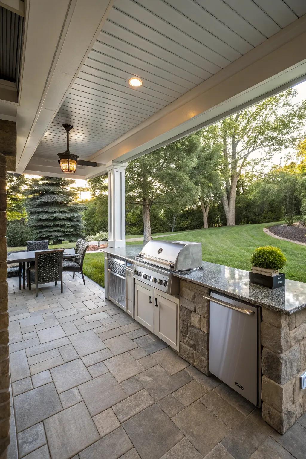 A walkout basement patio featuring a modern outdoor kitchen.