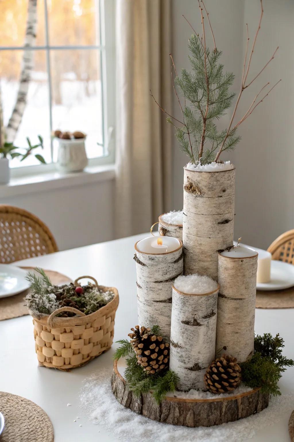 Embrace winter's charm with a birch log centerpiece that brings warmth and elegance to your table.