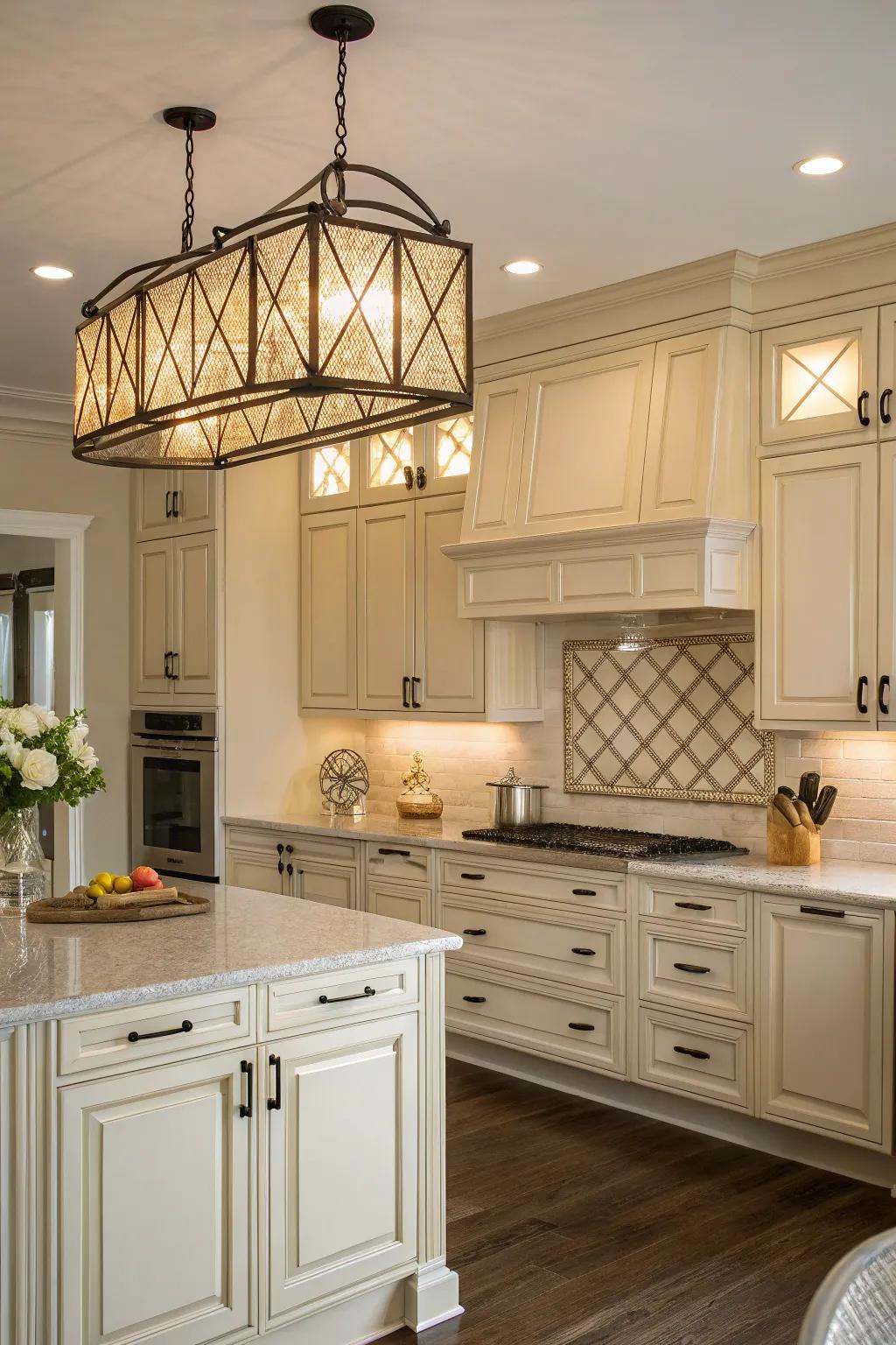 Statement lighting enhances the kitchen's focal point.
