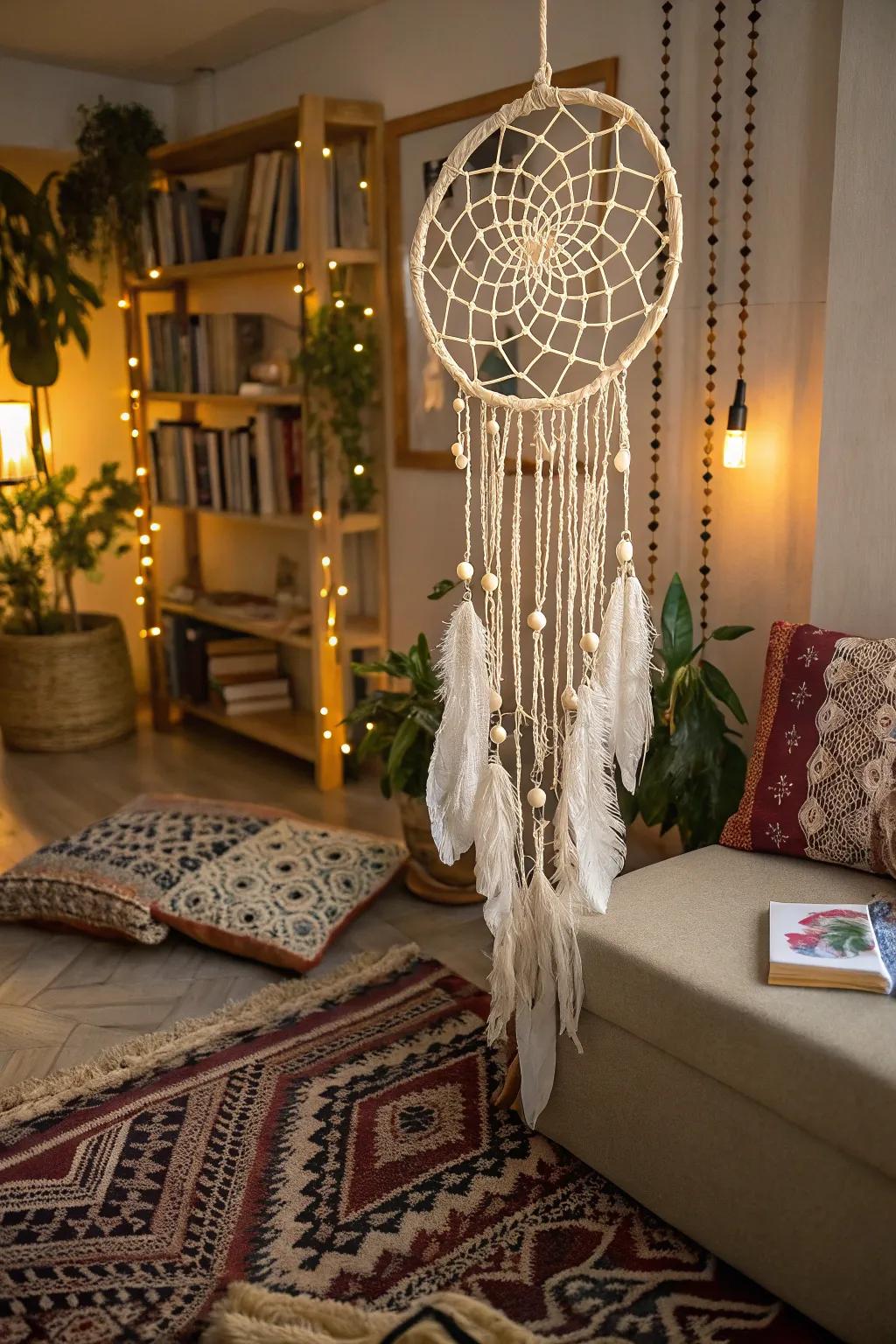 Intricate macramÃ© knots transform this dream catcher into a sophisticated piece of art.