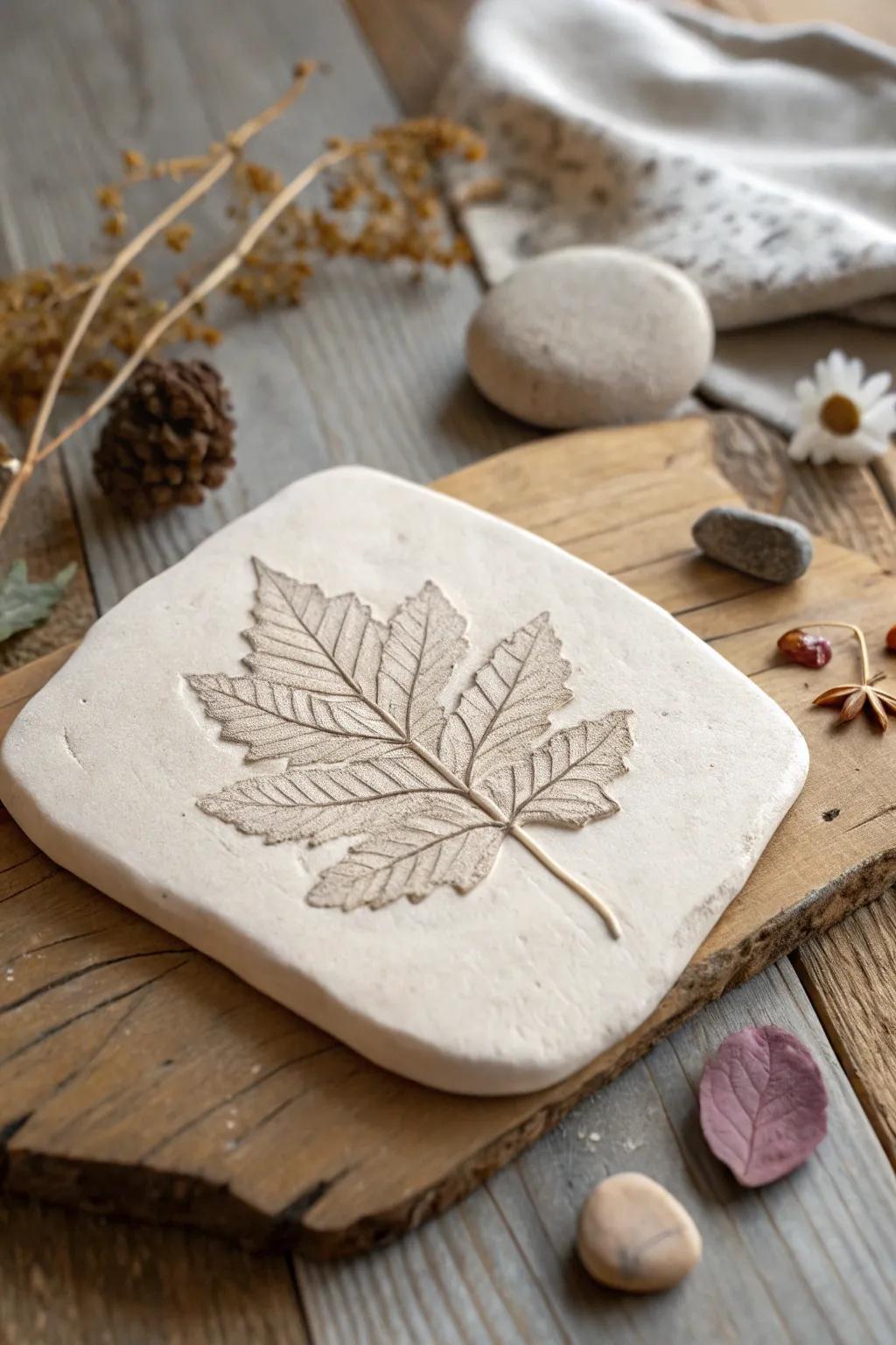 Capture the beauty of nature with elegant leaf imprints for a touch of minimalist charm.