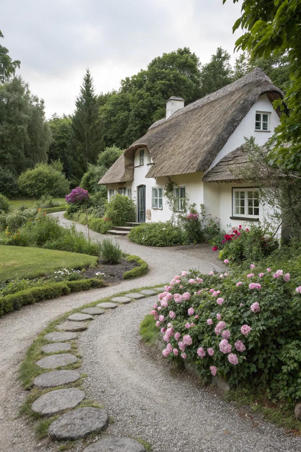 A charming gravel driveway with a rustic feel.