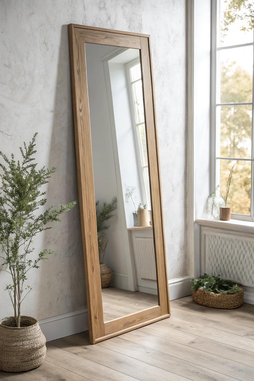 Elevate your space with a minimalist full-length mirror framed in sleek oak for effortless elegance.