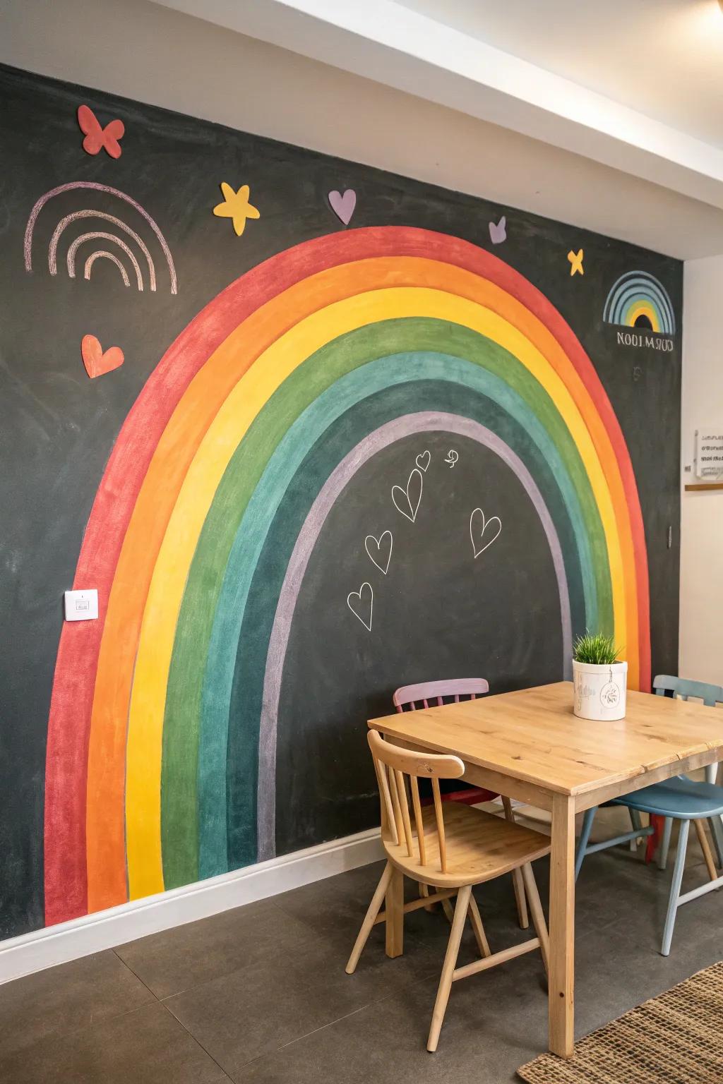A rainbow chalkboard wall encourages creativity and play.