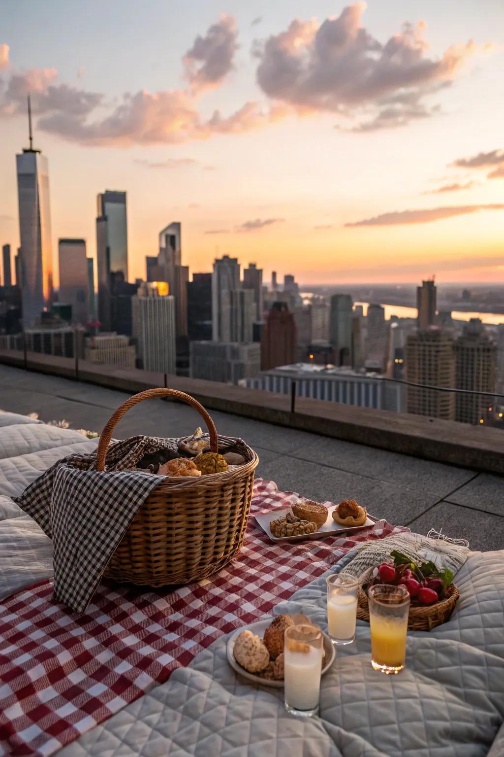 A rooftop picnic with stunning sunset views over the city.