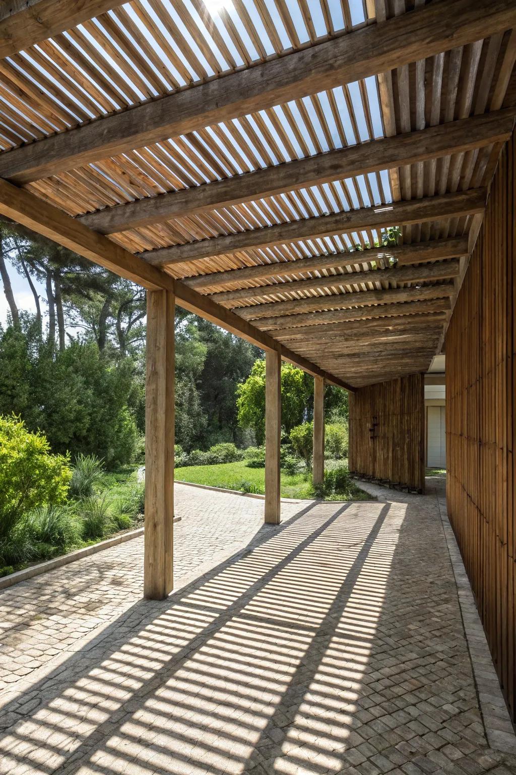 A modern slatted wood carport design with dynamic light play.