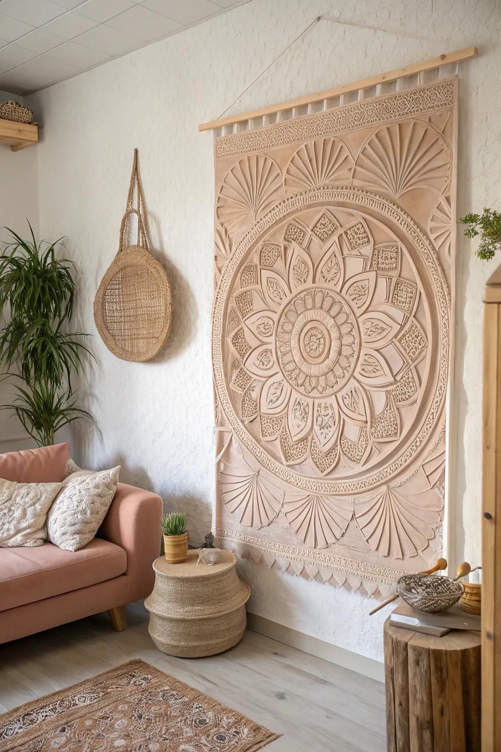 Transform your living room with a stunning sculptural clay mural that adds depth and dynamic elegance.