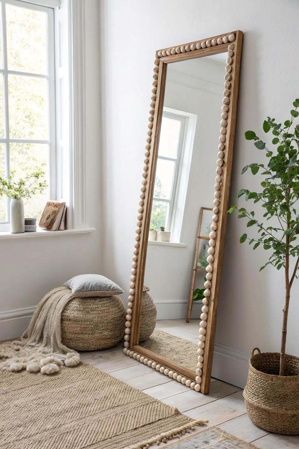 Elevate your mirror game with a touch of boho charm using wood bead trim. Simple, stylish, and oh-so-crafty!