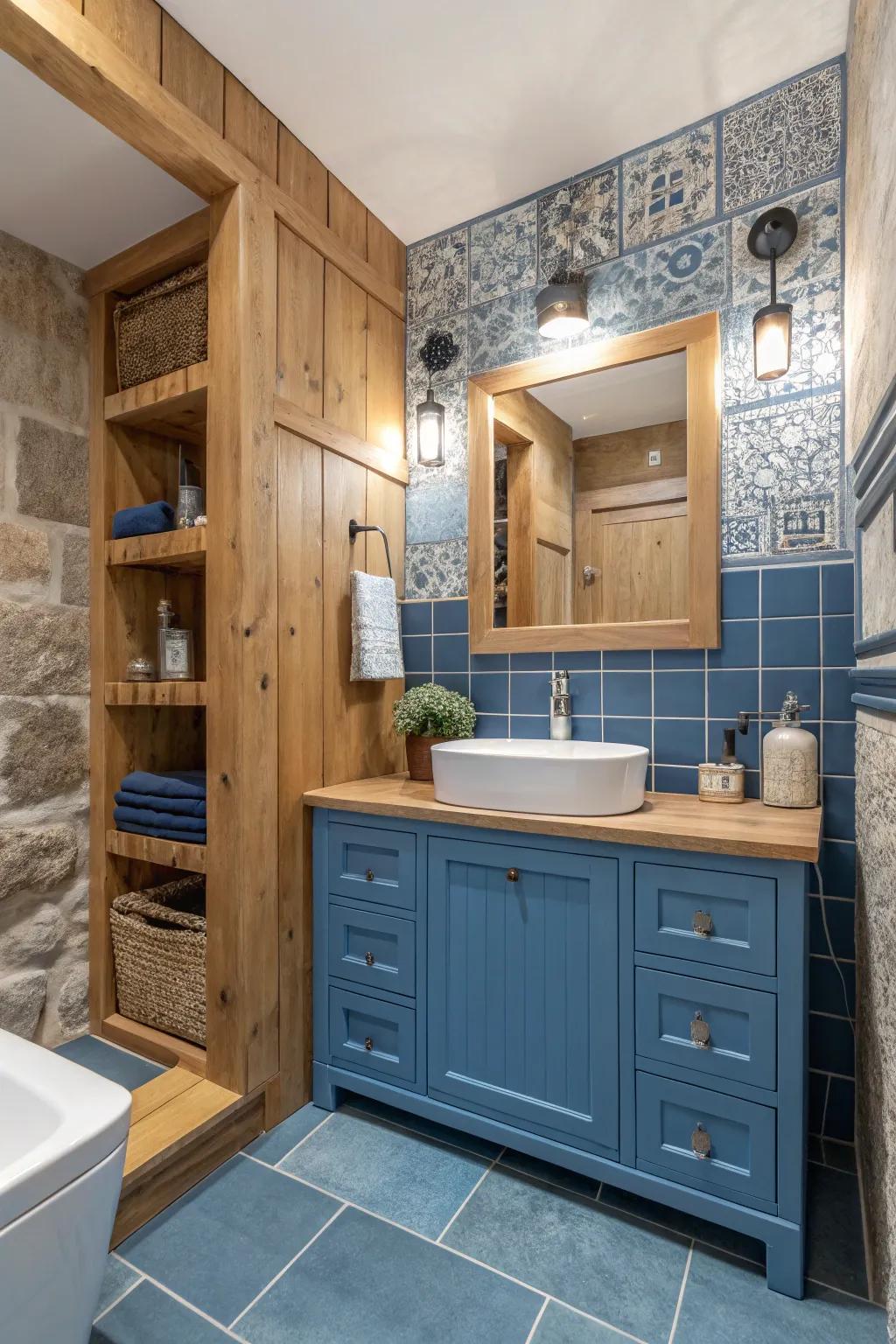 Natural materials enhance the warmth of blue tones.