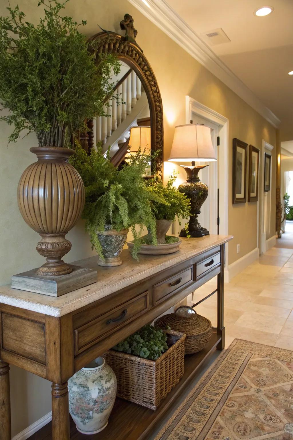 Fresh greenery in vases adds life and vibrancy to the entry space.