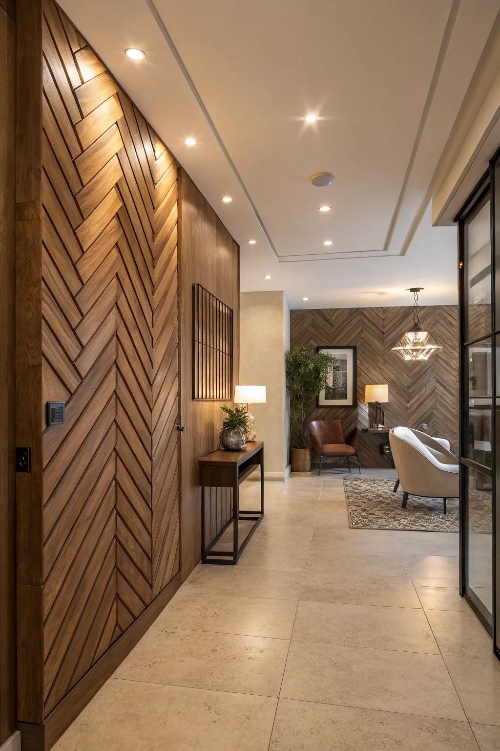 Diagonal wood panels add a dynamic touch to this stylish entryway.