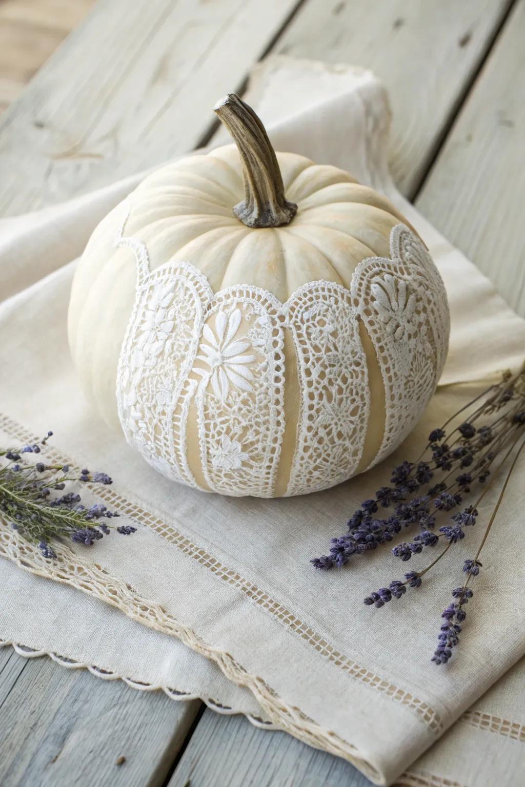 Elevate your autumn decor with this elegant lace-patterned pumpkin, blending simplicity and sophistication.